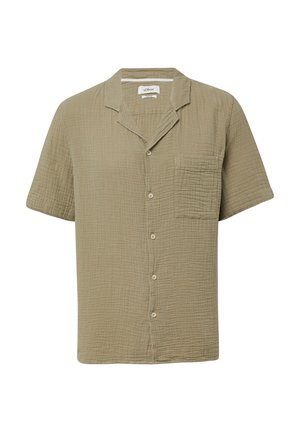 Camicia a maniche corte con bottoni di colore verde oliva, realizzata in tessuto texturizzato, con una sola tasca sul petto e colletto con scollatura.