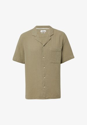 Chemise à manches courtes à boutons couleur vert olive, en tissu texturé avec une poche poitrine unique et un col à revers.