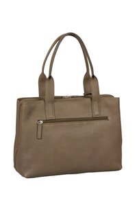 Borsa tote in pelle marrone con due manici corti, una chiusura con zip e una tasca frontale; presenta una superficie texturizzata e una forma rettangolare.