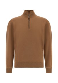 Brun tröja med hög hals och halv dragkedja. Gjord av mjukt tyg, har långa ärmar och ribbade muddarna för en figurnära passform.