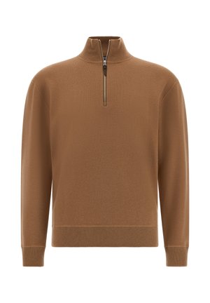Jersey marrón con cuello alto y media cremallera. Fabricado en un material suave, con mangas largas y puños acanalados para un ajuste ceñido.