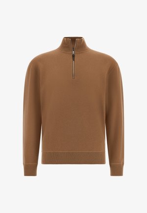 Jersey marrón con cuello alto y media cremallera. Fabricado en un material suave, con mangas largas y puños acanalados para un ajuste ceñido.