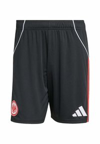 Sorte atletiske shorts med hvide og røde accenter, elastisk talje, med et rødt logo og Adidas-stribe design på siden.