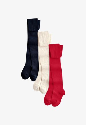 Trois paires de chaussettes montantes en bleu marine, crème et rouge. Chaque paire présente une texture lisse et un revers replié en haut.