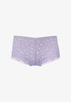 Lavender lace boyshorts with scalloped edges, featuring a floral pattern and seamless waistband for a comfortable fit.