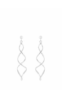 Snörtade silverhängande örhängen med spiraldesign, fästa vid små runda stift.