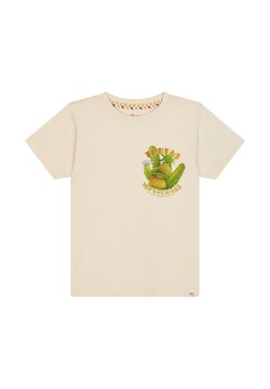 Beige katoenen t-shirt met een kleurraf fruitafbeelding en de tekst "Frutas Mexicanas", ronde halslijn en korte mouwen.