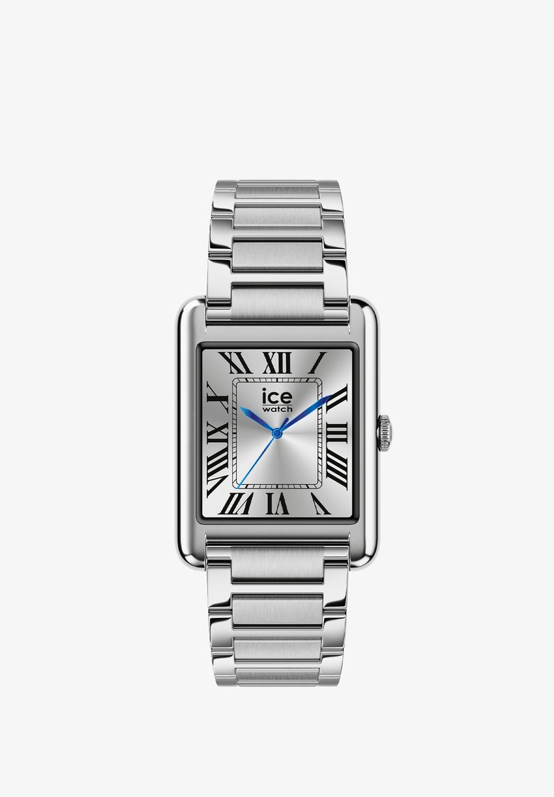 Stříbrné obdélníkové hodinky Ice Watch s černými římskými číslicemi, modrými hodinovou, minutovou a sekundovou ručičkou a kovovým náramkem s články.