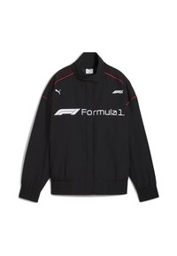 Black jacket with a mock neck, elastic cuffs, and hem. Features white Formula 1 logo and red accents on shoulders and sides. Two side pockets.