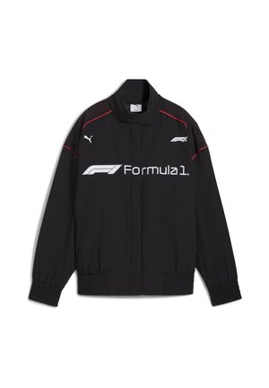 Black jacket with a mock neck, elastic cuffs, and hem. Features white Formula 1 logo and red accents on shoulders and sides. Two side pockets.