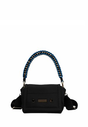 Black nylon bag with a textured finish, featuring a blue and beige braided handle and gold hardware, and a flap with a horizontal accent.
