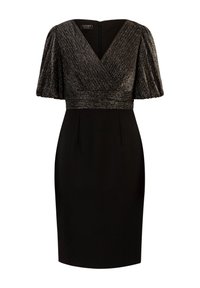 Robe noire midi avec un corsage texturé métallique scintillant et des manches courtes bouffantes, présentant un décolleté en V profond et une taille ajustée.