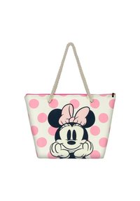 Tote bag met een roze stippenpatroon, een cartoonpersonage graphic en een natuurlijke touwhandgreep. Gemaakt van duurzame materialen.