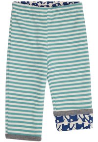 Gestreepte katoenen leggings in lichtblauw en wit, met een grijze boord en een olifantenprint aan de zoom. Zacht, rekbaar materiaal.