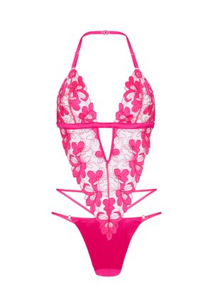 Roze kanten lingeriebody met bloemmotief en halternek, diepe V-halsuitsnijding en dubbele zijbandjes aan de onderkant.