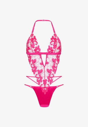 Roze kanten lingeriebody met bloemmotief en halternek, diepe V-halsuitsnijding en dubbele zijbandjes aan de onderkant.