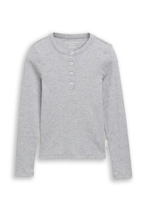Hellgraues langärmeliges Ripp-Shirt mit rundem Ausschnitt und vier Knöpfen vorne, reguläre Passform, Größe Medium/152.