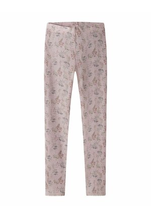 Bløde lyserøde leggings med et blomstermønster i afdæmpede farver. Har en tæt pasform og delikat blonderkant ved kanten. Fremstillet af strækbart stof.