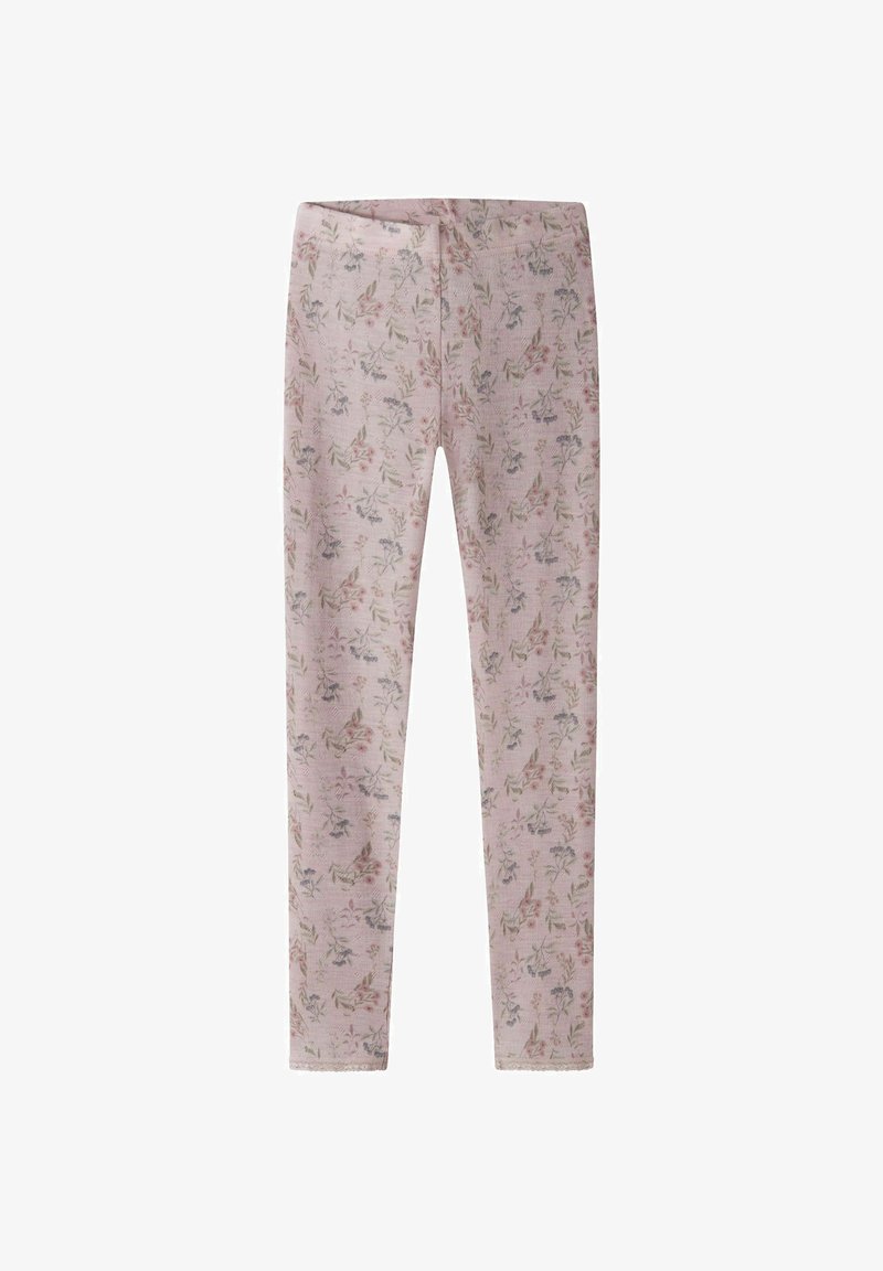 Leggings rose pâle avec un motif floral aux couleurs douces. Présentent une coupe ajustée et une délicate bordure en dentelle à l'ourlet. Fabriqués en tissu extensible.