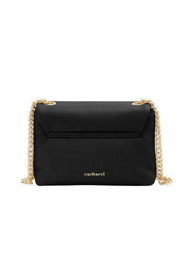Black faux leather bag with a gold chain strap, rectangular shape, flat front pocket, and embossed brand name at the bottom.