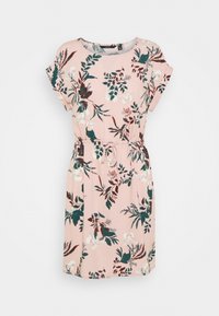 Floral dress in soft pink fabric, featuring short sleeves, a cinched waist with a drawstring, and green and burgundy botanical patterns.