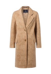 Cappotto a quadri beige con colletto a risvolto, due tasche frontali e due bottoni. Il tessuto ha una texture morbida e una vestibilità su misura.
