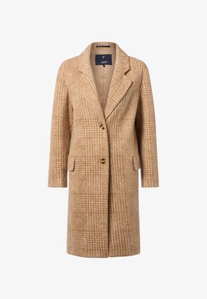 Cappotto a quadri beige con colletto a risvolto, due tasche frontali e due bottoni. Il tessuto ha una texture morbida e una vestibilità su misura.