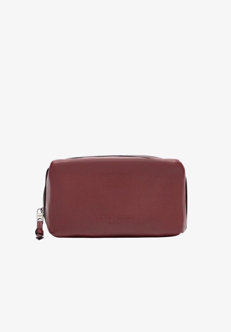 Burgunderfarbige Lederkulturbeutel mit rechteckiger Form, glatter Textur, Reißverschluss und eingeprägtem Logo auf der Vorderseite.