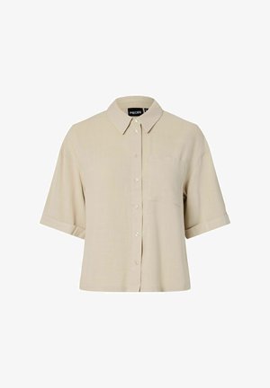 Chemise beige à manches courtes avec boutons, col et poche poitrine, coupe ample et poignets de manches repliés.