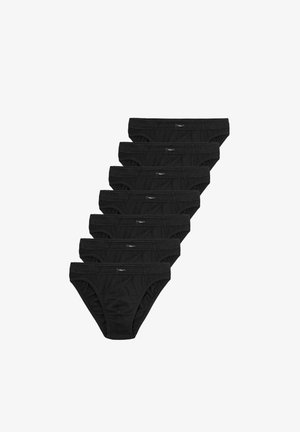 Black fabric briefs arranged in a stack, featuring elastic waistbands and a simple design. Each has a small logo on the front waistband.