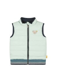 Gilet imbottito verde chiaro con colletto alto, aperture per le braccia blu navy, orlo a strisce blu navy e turchese, e ricamo di un orso sul petto. Chiusura a cerniera.