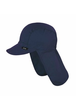 Marineblauer Sonnenhut mit verlängertem Nackenschutz und gebogenem Rand, entwickelt für vollständigen Sonnenschutz.