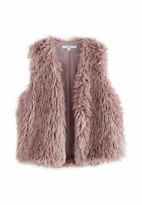 Faux fur gilet in blush pink met een open voorzijde. Heeft lange, zachte vezels en een gladde binnenvoering. Geen sluitingen zichtbaar.