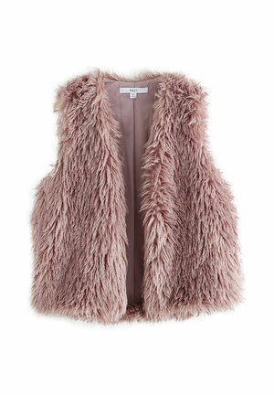 Gilet en fausse fourrure rose pâle avec un design ouvert à l'avant. Présente de longues fibres douces et une doublure intérieure lisse. Aucun système de fermeture visible.