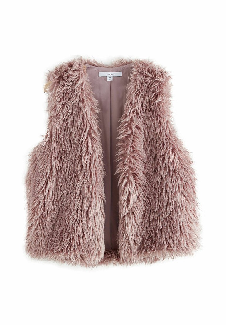 Faux fur gilet in blush pink met een open voorzijde. Heeft lange, zachte vezels en een gladde binnenvoering. Geen sluitingen zichtbaar.