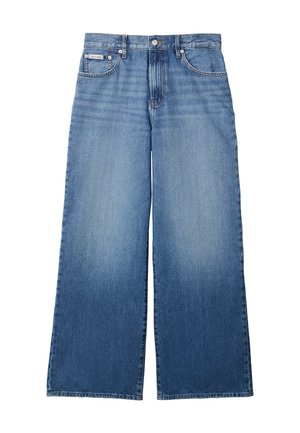 Wijde blauwe denim jeans met vervaagde voorkant, vijfzakkenstijl, knoop- en ritssluiting, en klein Calvin Klein label op het voorzak.