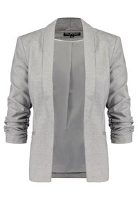 Šedý blazer s dlouhými rukávy, otevřeným předním dílem a jemnou texturou. Vnitřní podšívka v kontrastní světle šedé barvě. Obsahuje strukturovaný design ramen.