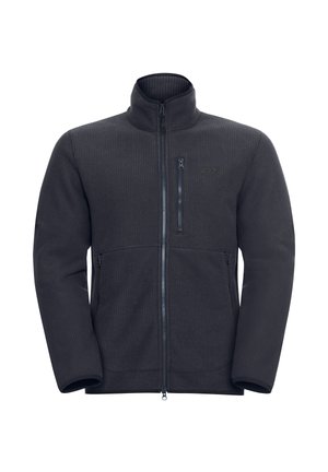 Schwarze Fleecejacke mit hohem Kragen, gerippter Textur, durchgehendem Reißverschluss und zwei seitlichen Reißverschlusstaschen. Logo auf der linken Brust.