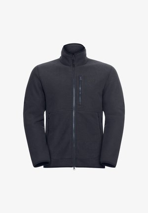 Giacca in pile nera con colletto alto, texture a costine, zip frontale completa e due tasche laterali con zip. Logo sul petto sinistro.