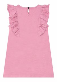 Růžový bezramenný top se volánkovými detaily na ramenech, kulatým výstřihem a zapínáním na knoflíky na zadní straně. Měkká textura.