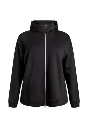 Mustast pehmest kangast lukuga kapuutsiga dressipluus, mille ees on tasku, vooderdatud kapuuts ning soonilised varrukasääred ja alläär. Sile tekstuur, lihtne disain.