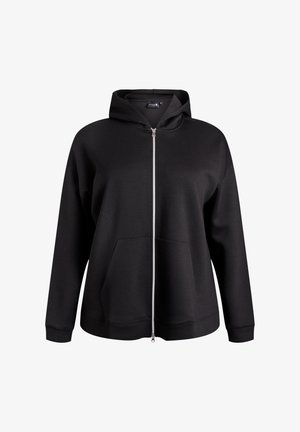 Mustast pehmest kangast lukuga kapuutsiga dressipluus, mille ees on tasku, vooderdatud kapuuts ning soonilised varrukasääred ja alläär. Sile tekstuur, lihtne disain.