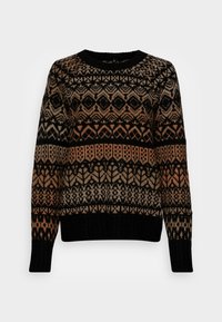 Suéter de punto con un intrincado patrón geom�étrico en negro, beige y óxido. Los puños y el cuello acanalados en negro añaden textura y contraste.