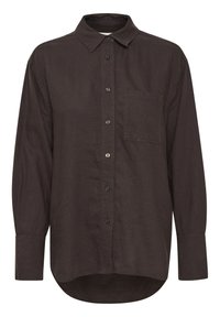 Dark brown button-up shirt featuring a classic collar, long sleeves, left chest pocket, and curved hem. Made of a textured fabric.