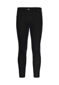 Schwarze Leggings mit einem gestreiften Muster, aus dehnbarem Material. Verfügt über einen hohen Bund und ein schlankes, enges Design.