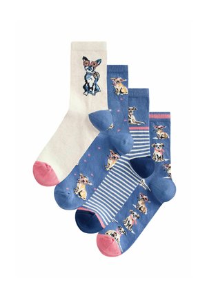 Four pairs of socks: one white with a dog design, three blue with colorful dog patterns, and pink accents. Varied textures and lengths.