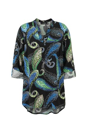 Schwarze langärmlige Tunika mit blauen, grünen und beigen paisley-blumigen Mustern, runder Ausschnitt und hochgekrempelten Ärmeln.