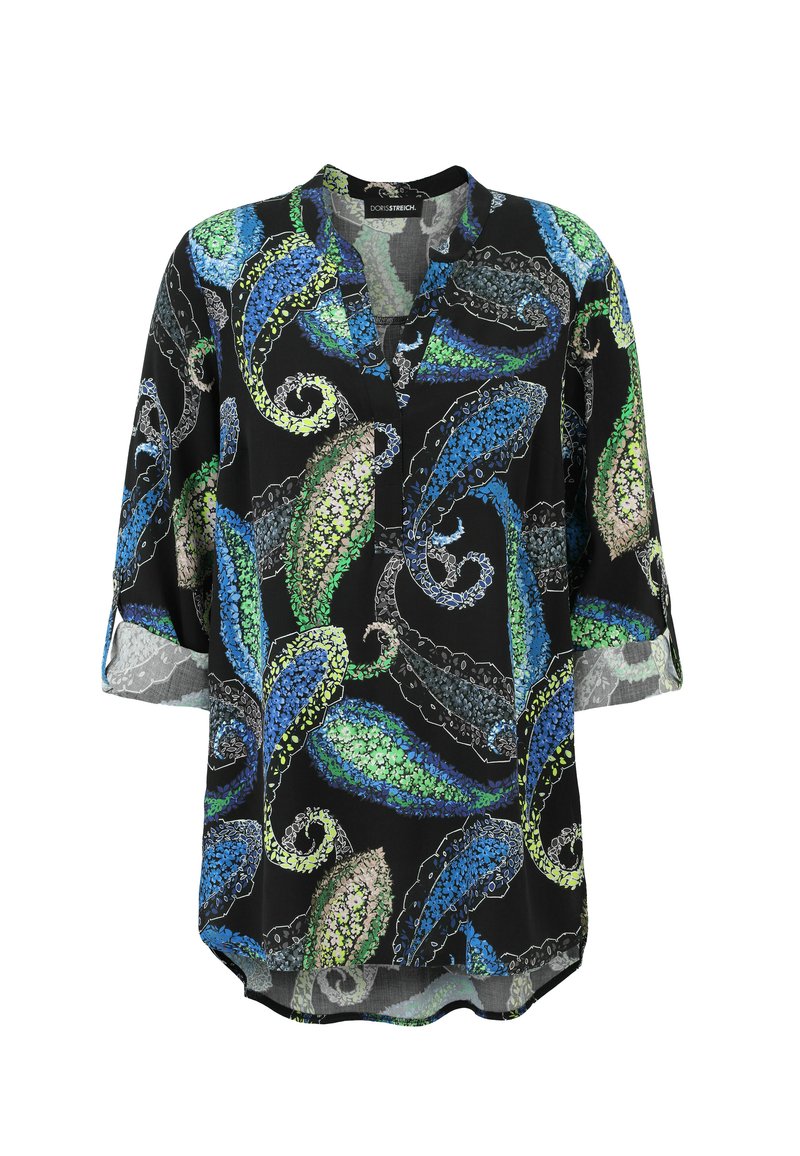 Black long-sleeve tunic with blue, green, beige paisley floral patterns, round neckline, and rolled cuffs.