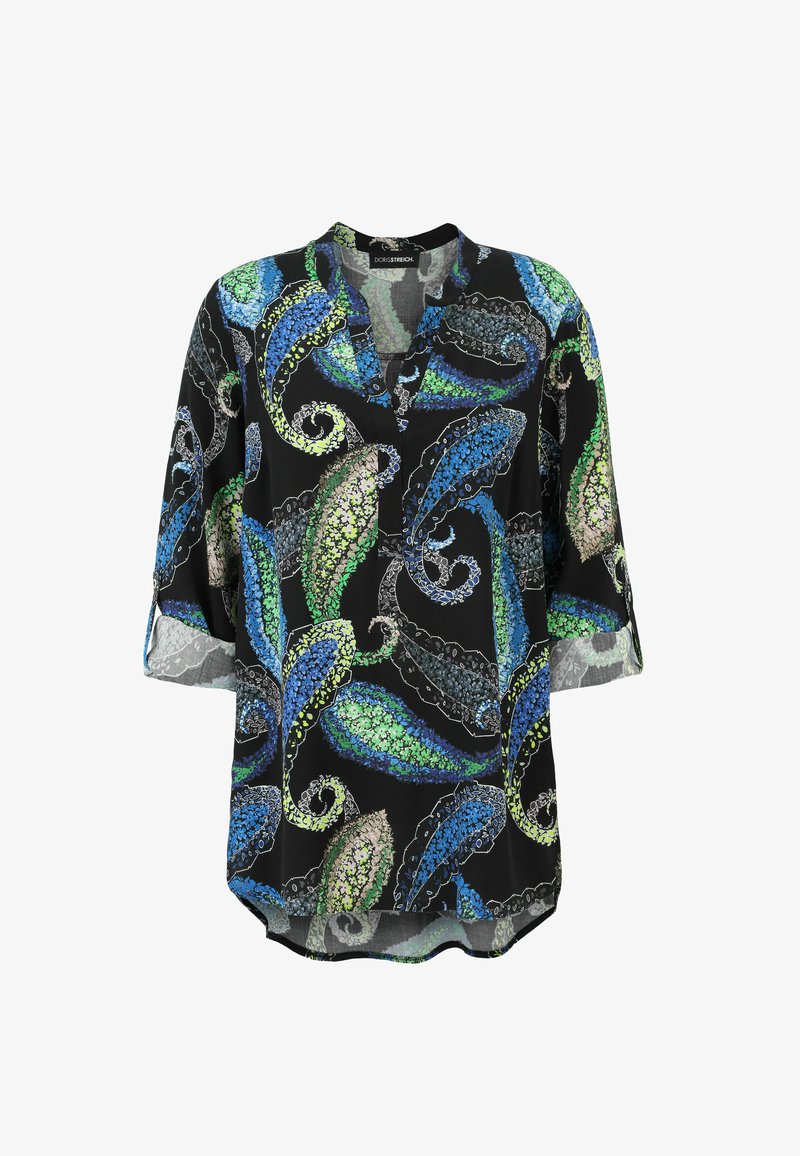 Black long-sleeve tunic with blue, green, beige paisley floral patterns, round neckline, and rolled cuffs.