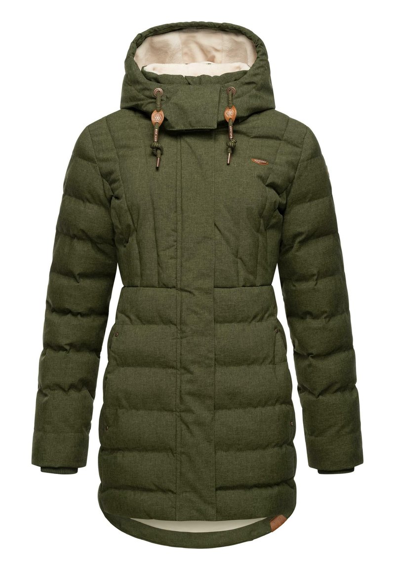 Maslinasto zeleni puffer kaput s podstavljenim dizajnom, teksturiranim materijalom, kapuljačom obloženom krznom, podesivim utezima i kožnim detaljima.